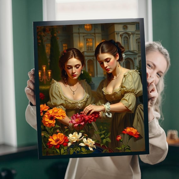 Victorian Women Garden Flowers Art Print