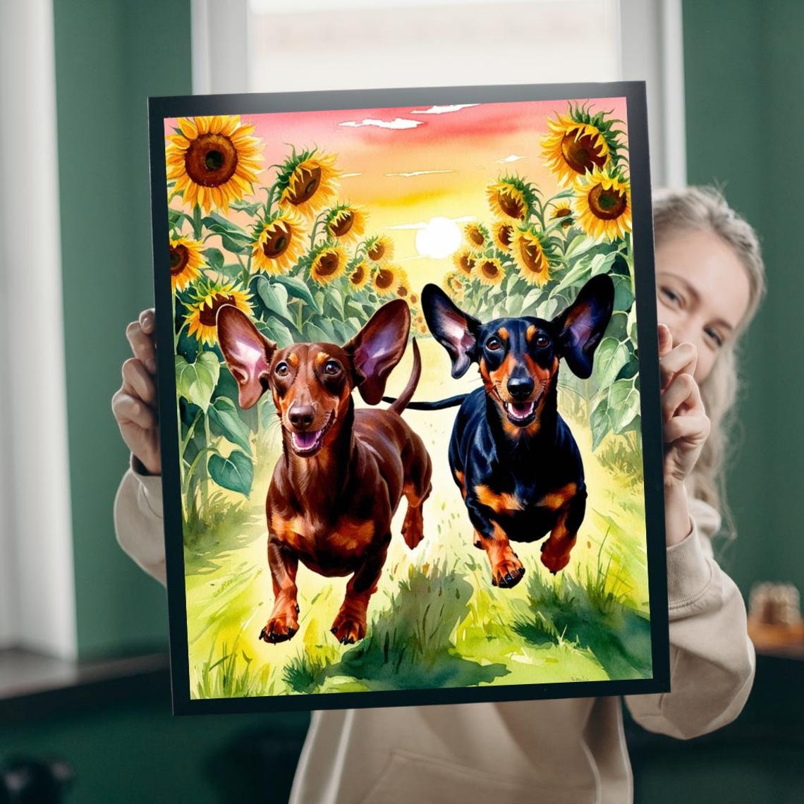 Happy Dachshunds Running Through Sunflower Field Sunset Art Print