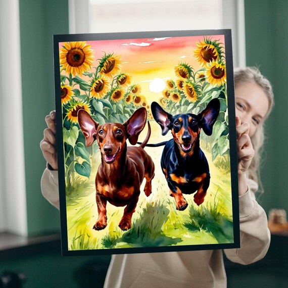 Happy Dachshunds Running Through Sunflower Field Sunset Art Print