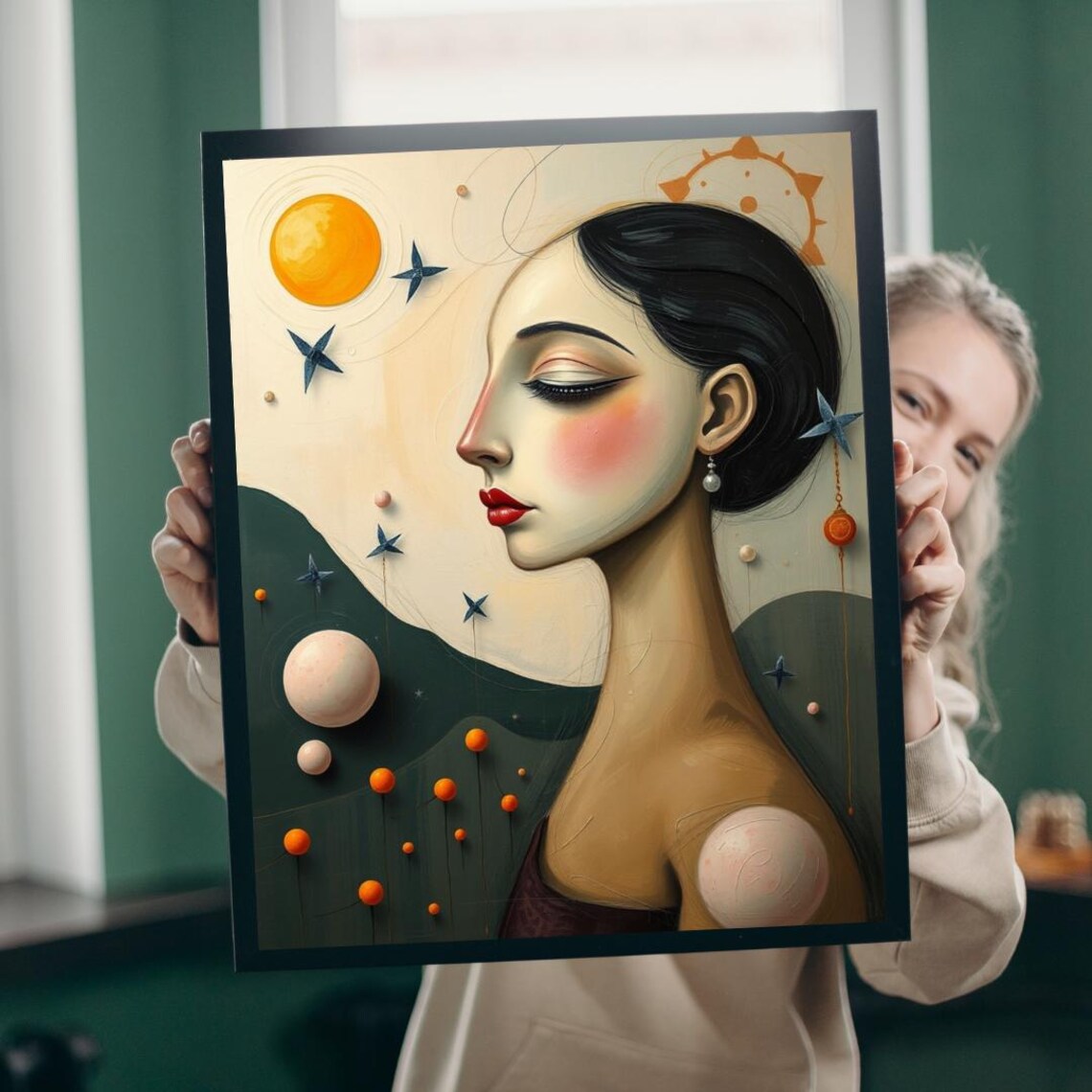 Elegant Woman Profile Sun Stars Dreamy Celestial Portrait Modern Art Poster