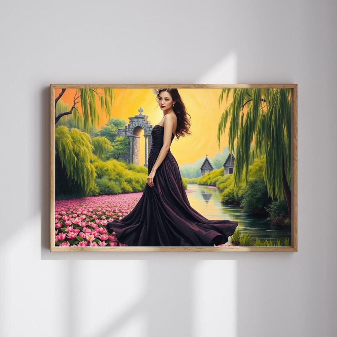 Elegant Woman in Dark Gown by Golden Sunset Lotus Pond Poster