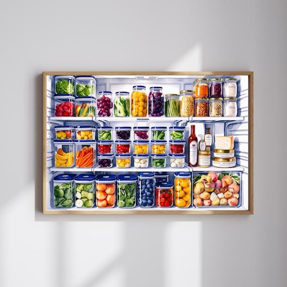 Organized Fridge Watercolor Print Colorful Pantry Jars Kitchen Wall Decor