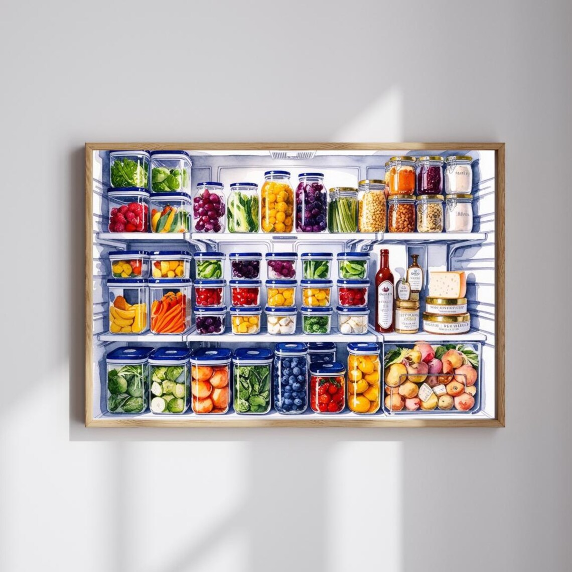 Organized Fridge Watercolor Print Colorful Pantry Jars Kitchen Wall Decor