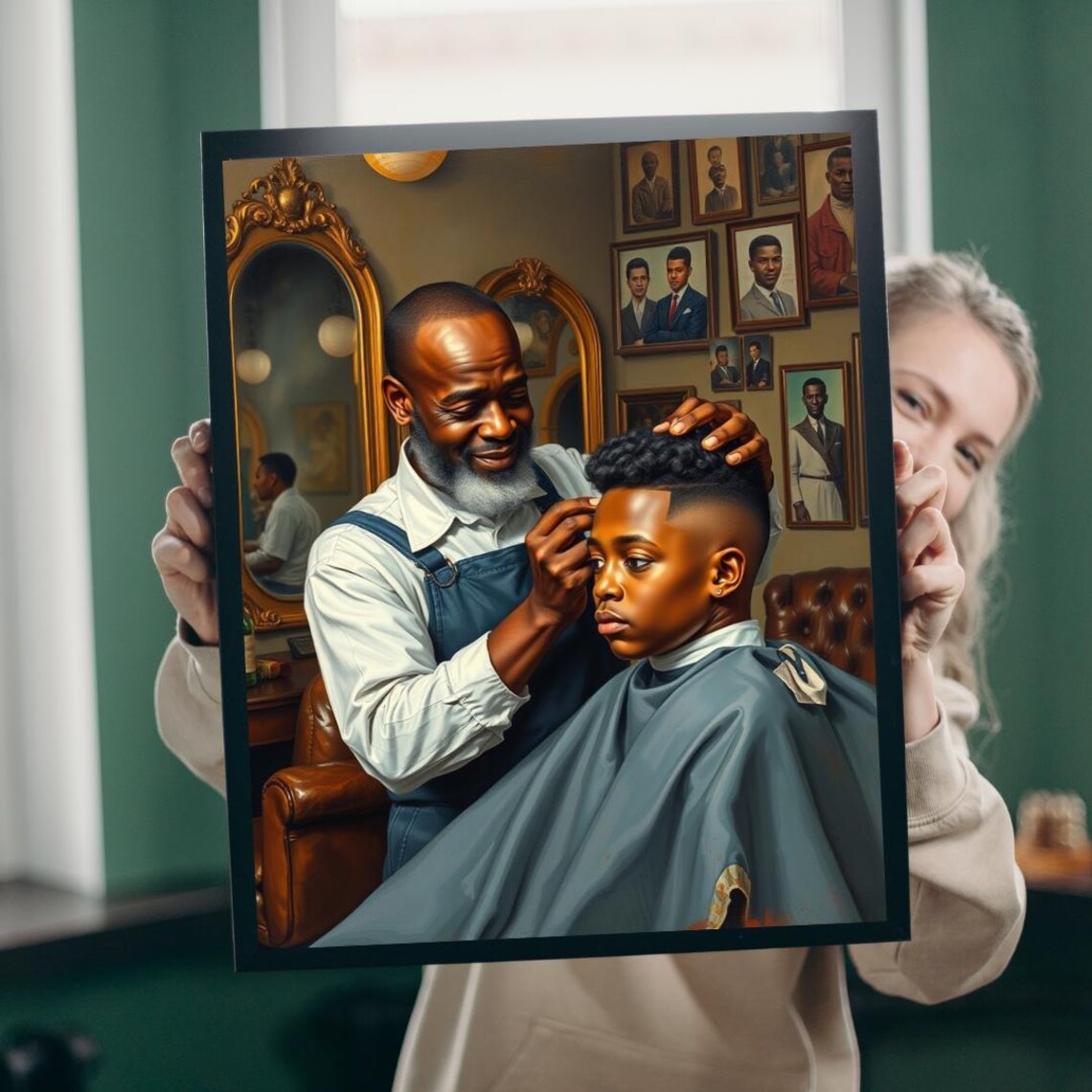 Barber Shop Scene Father Son Haircut Vintage Portrait Poster