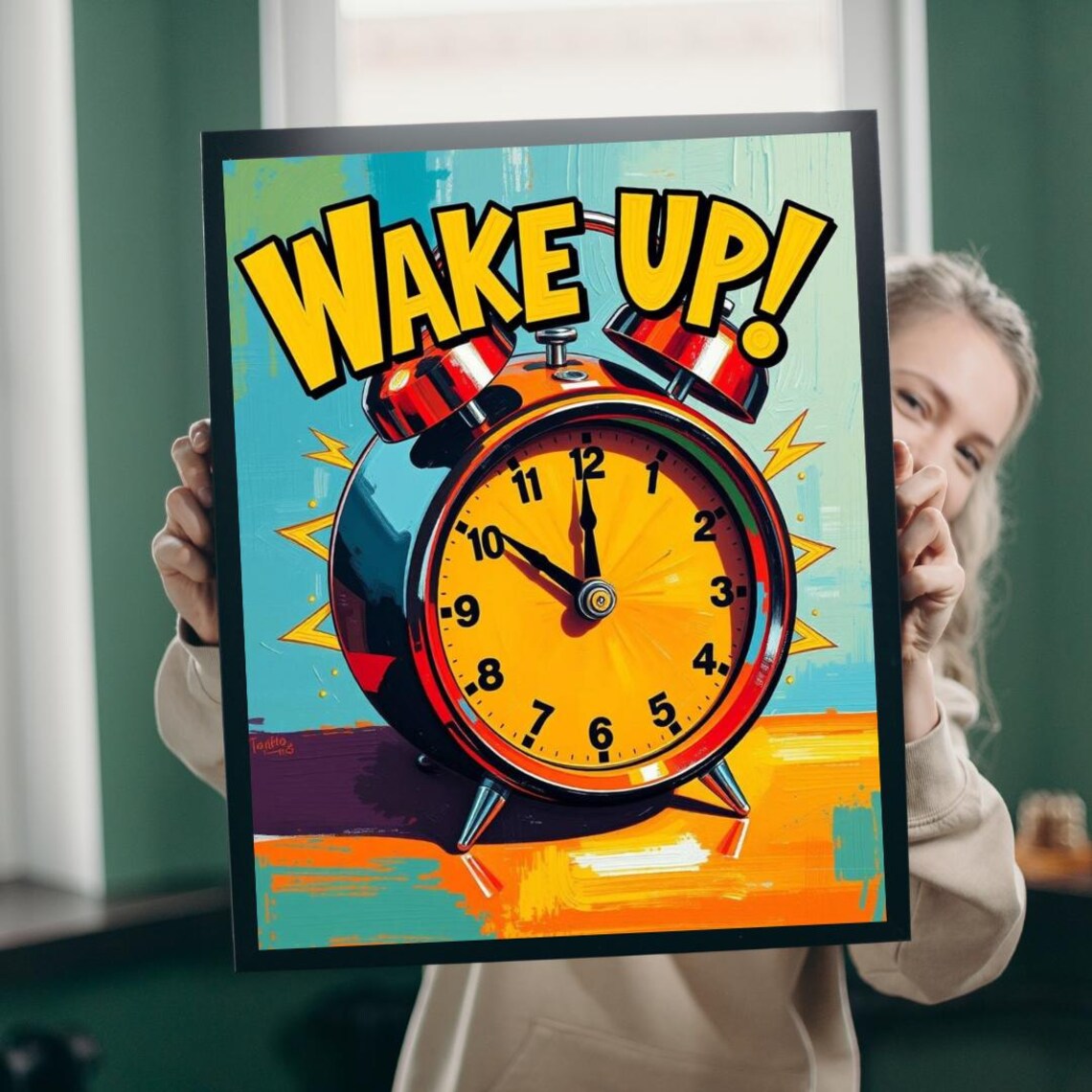 Wake Up Retro Alarm Clock Bold Pop Art Motivational Morning Wall Poster