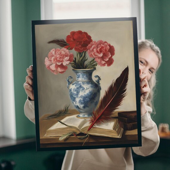 Vintage Carnations Porcelain Vase Open Book Quill Still Life Poster