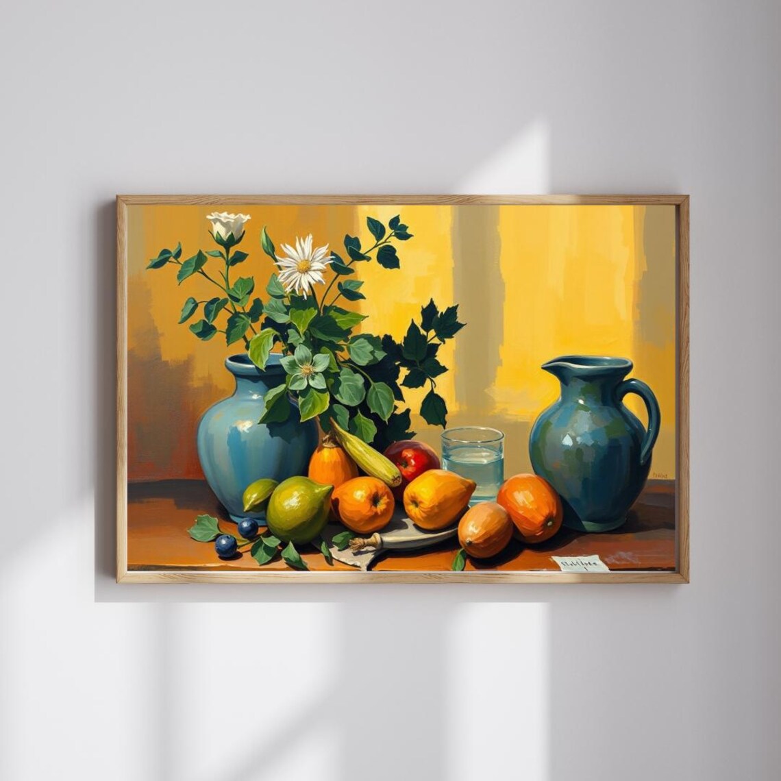 Citrus Fruit Still Life Blue Vase Daisy Golden Background Print