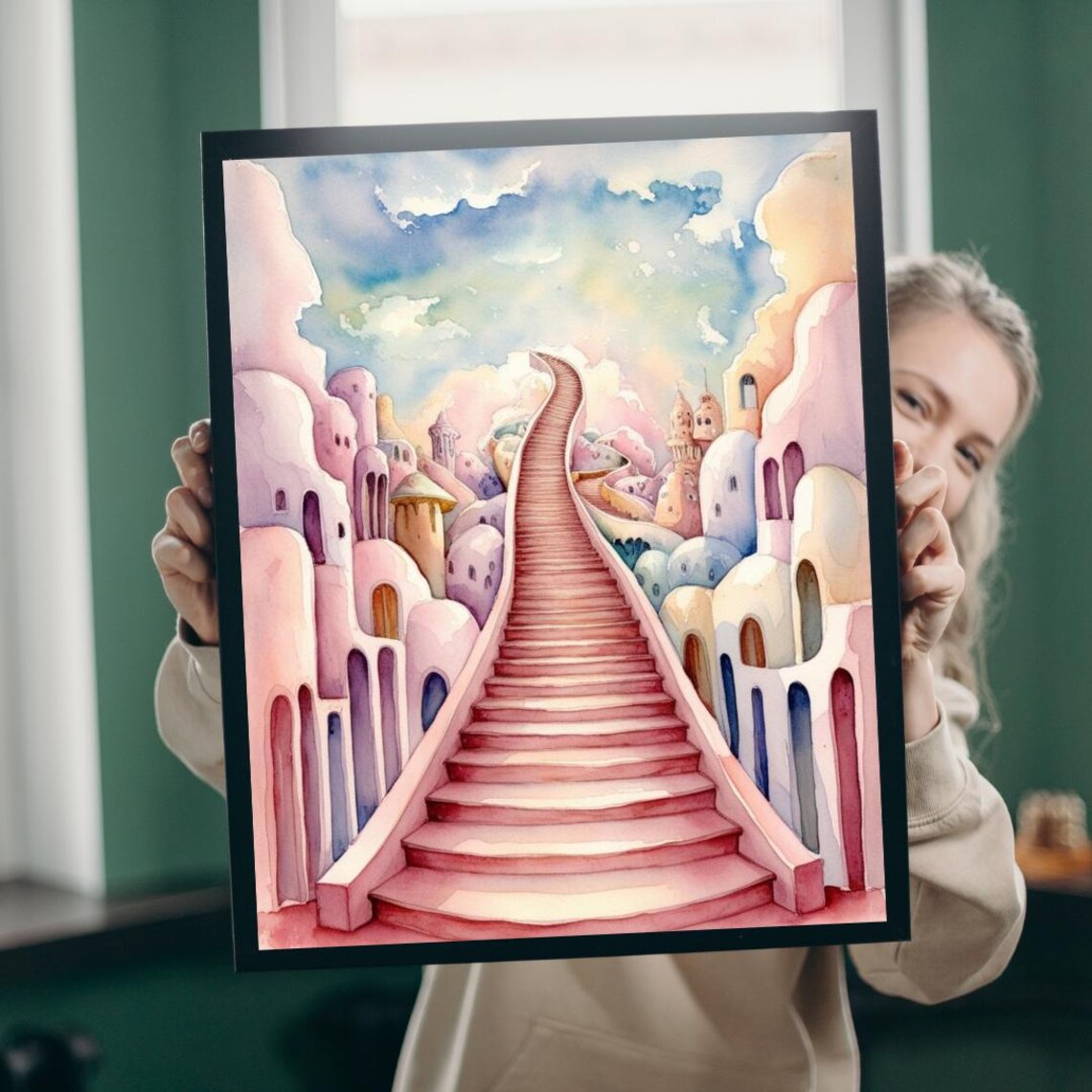 Surreal Pink Staircase Dreamy Sky Fantasy Watercolor Art Poster