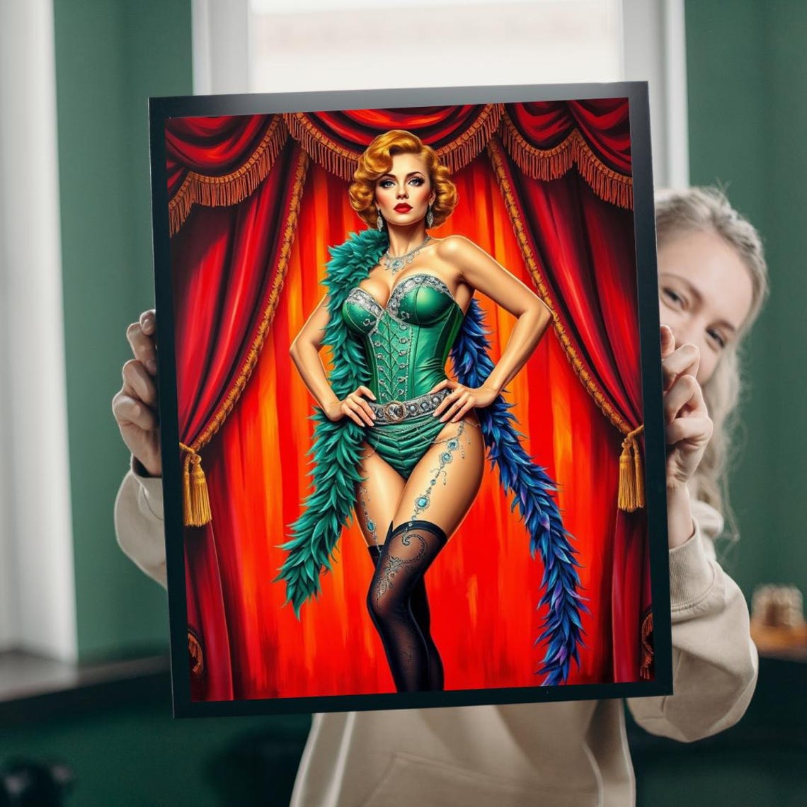 Retro Burlesque Dancer in Green Corset Feather Boa Stage Poster