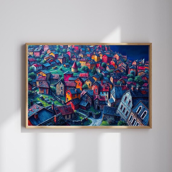 Vibrant Colorful European Village Aerial Hillside Town Art Poster