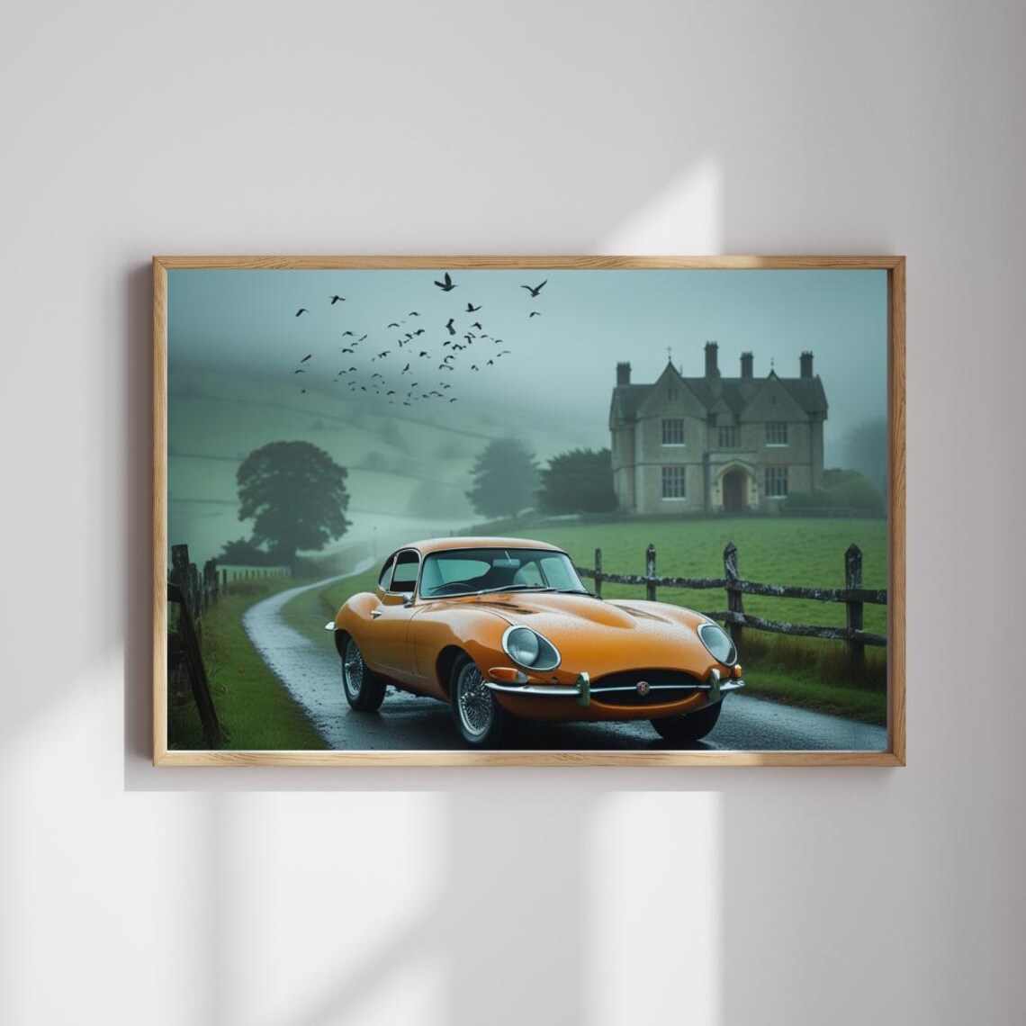 Orange Jaguar E-Type Coupe On Misty English Manor Lane Art Poster