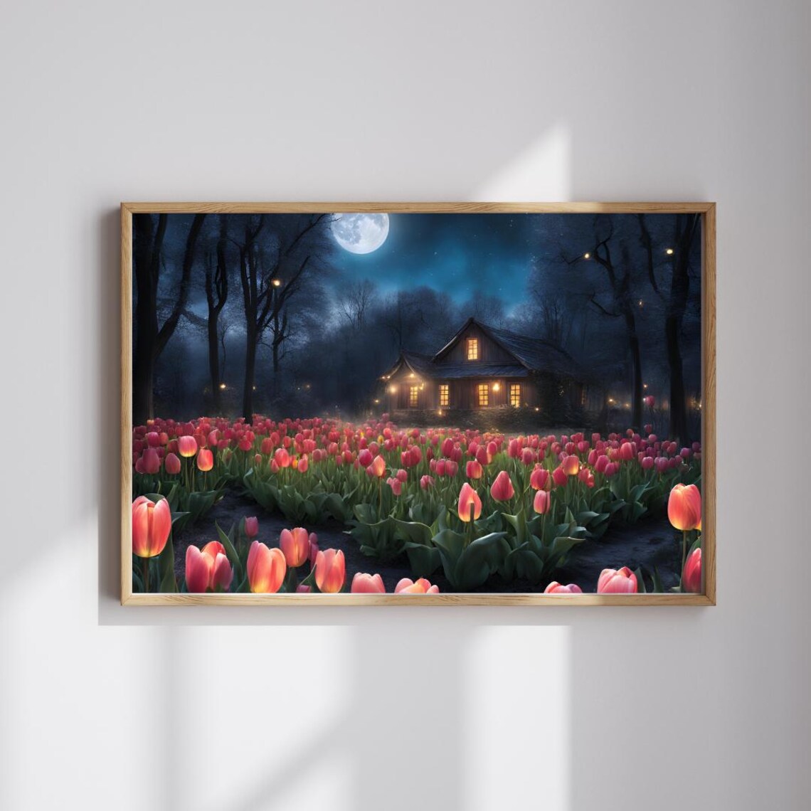 Moonlit Tulip Field, Cozy Night Landscape Art Print