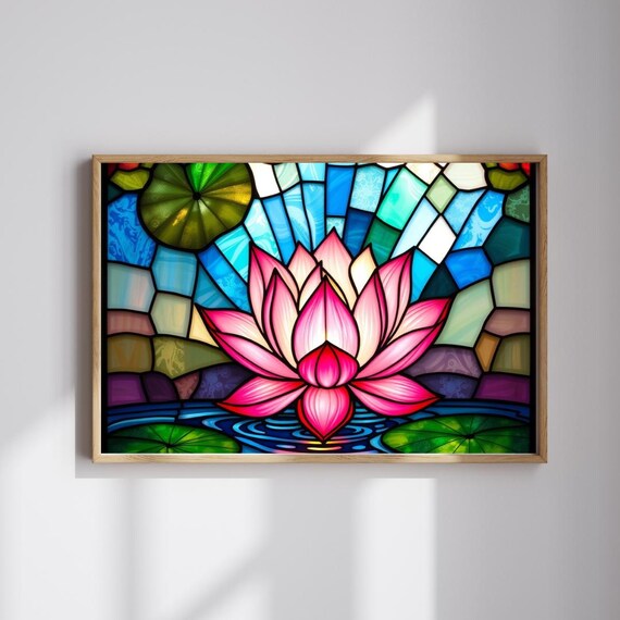 Pink Lotus Stained Glass Flower Art Print Modern Botanical Decor