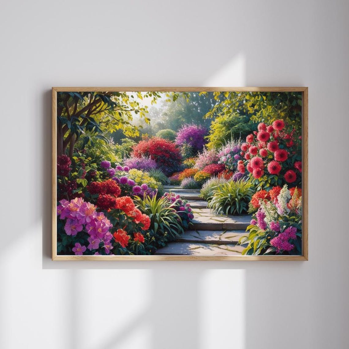 Colorful Garden Stone Steps Lush Summer Flowers Bright Wall Art