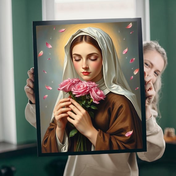 Saint Therese of Lisieux Holding Pink Roses Falling Petals Print