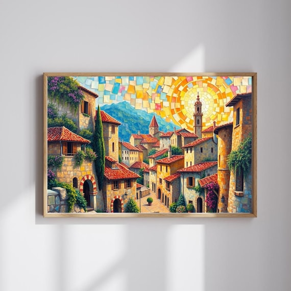Mediterranean Mosaic Village Red Roofs Glowing Sunset Art Poster