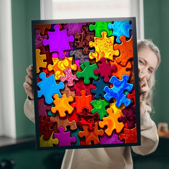 Colorful Jigsaw Puzzle Pieces Rainbow Collage Game Room Poster