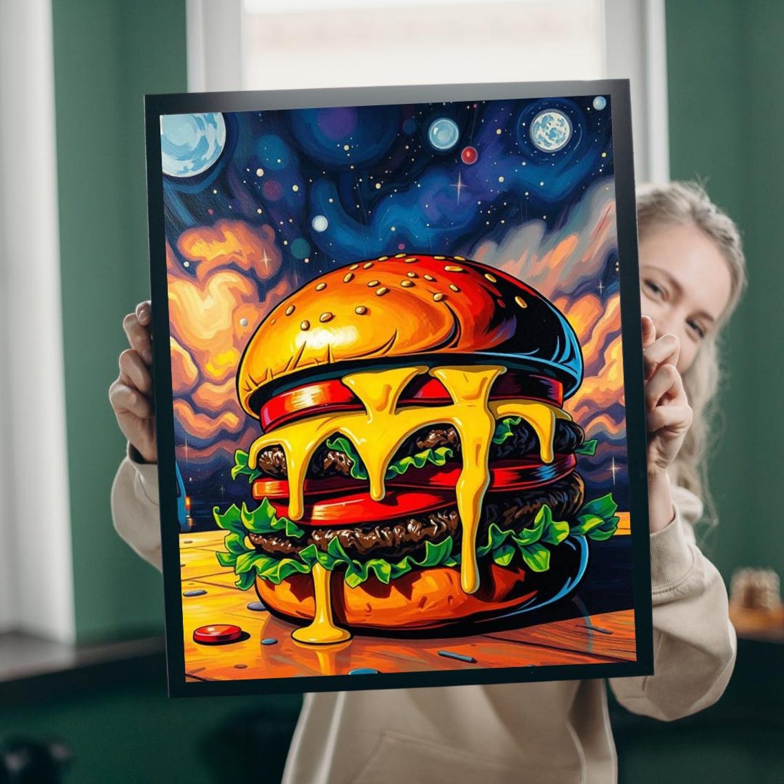 Cosmic Cheeseburger Pop Art Space Galaxy Food Illustration Poster