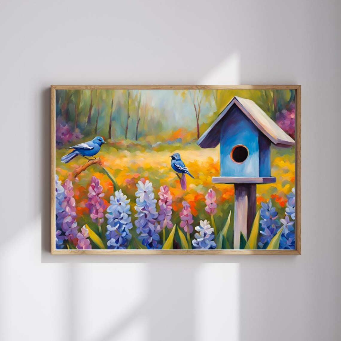 Cheerful Spring Bluebirds Birdhouse Hyacinth Garden Floral Art Print