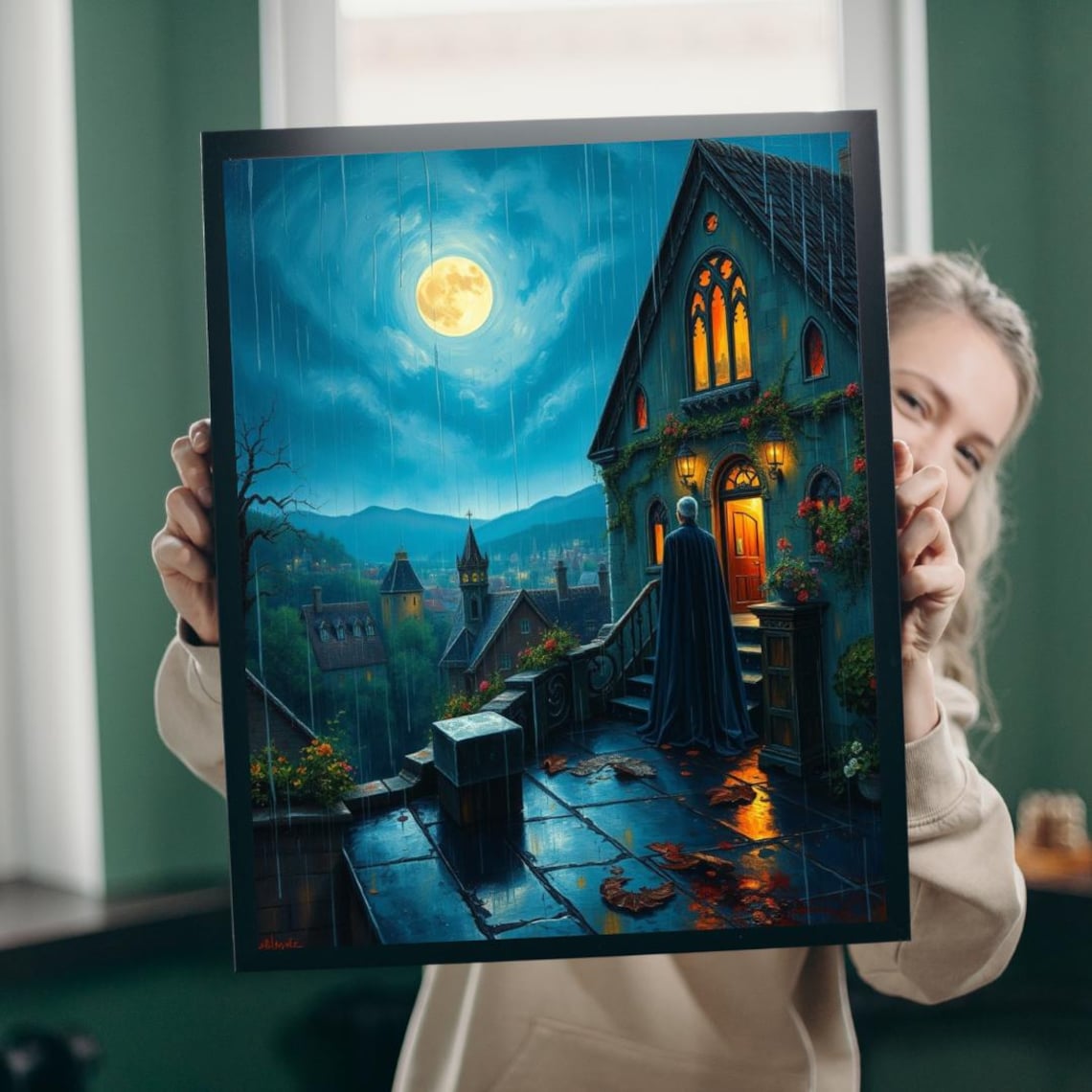Gothic Manor Rainy Night Full Moon Dark Fantasy Scene Poster