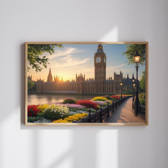 London Big Ben Sunrise Thames River Flowers England City Poster