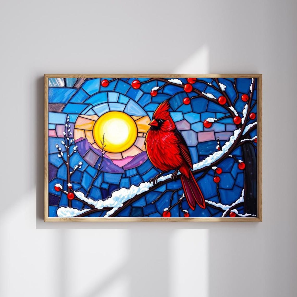 Red Cardinal Snowy Berry Branch Moonlit Stained Glass Art Poster