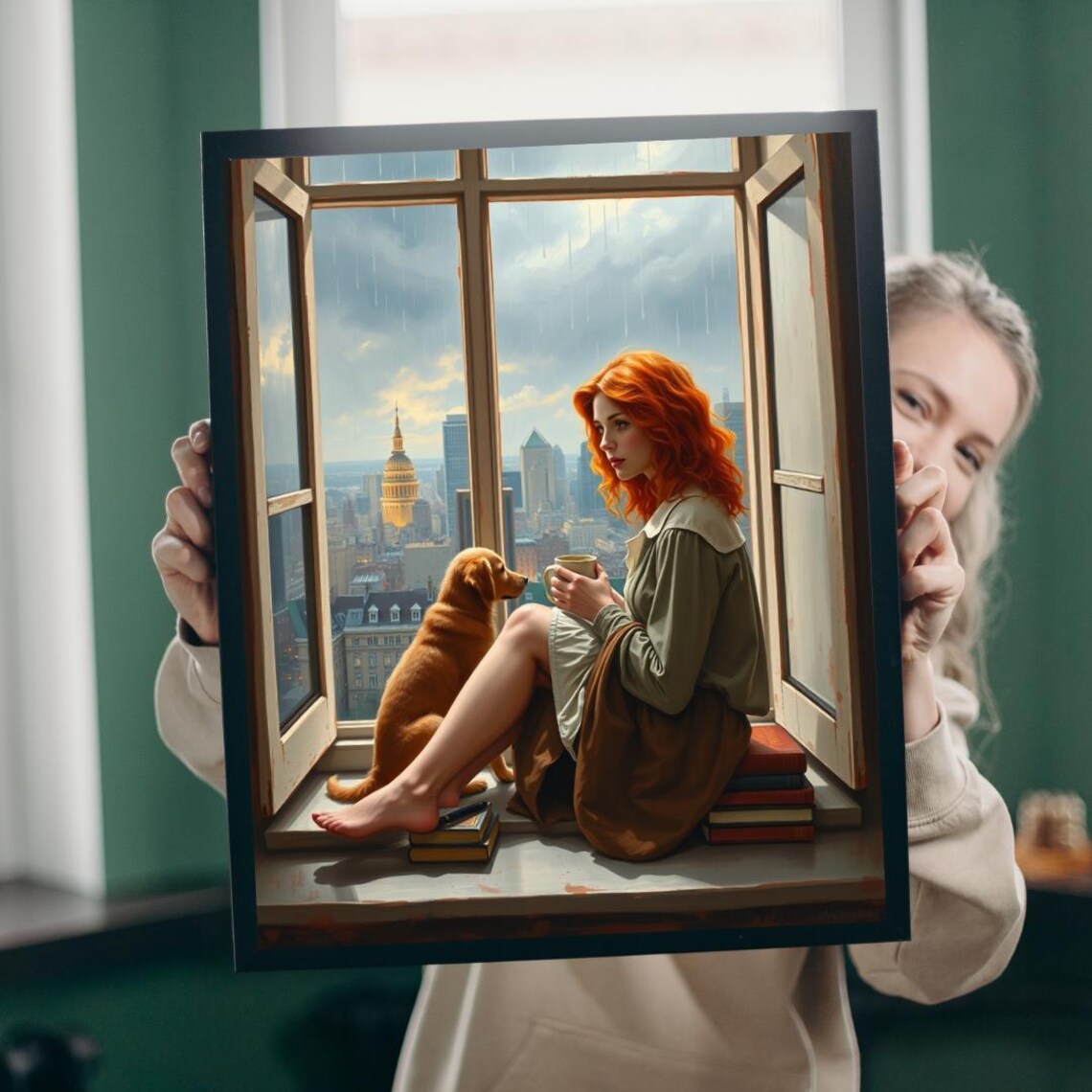 Redhead Woman Dog Rainy City Window Coffee Quiet Moment Poster