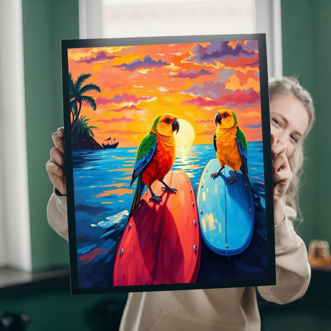 Golden Sun Conures Perched on Surfboards Sunset Ocean Art Poster