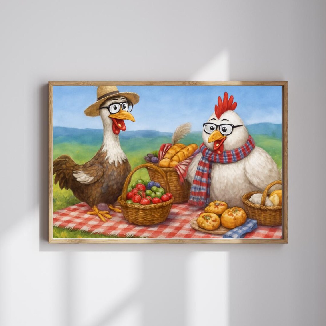 Two Cartoon Chickens Picnic with Fruit Baskets Funny Farm Poster