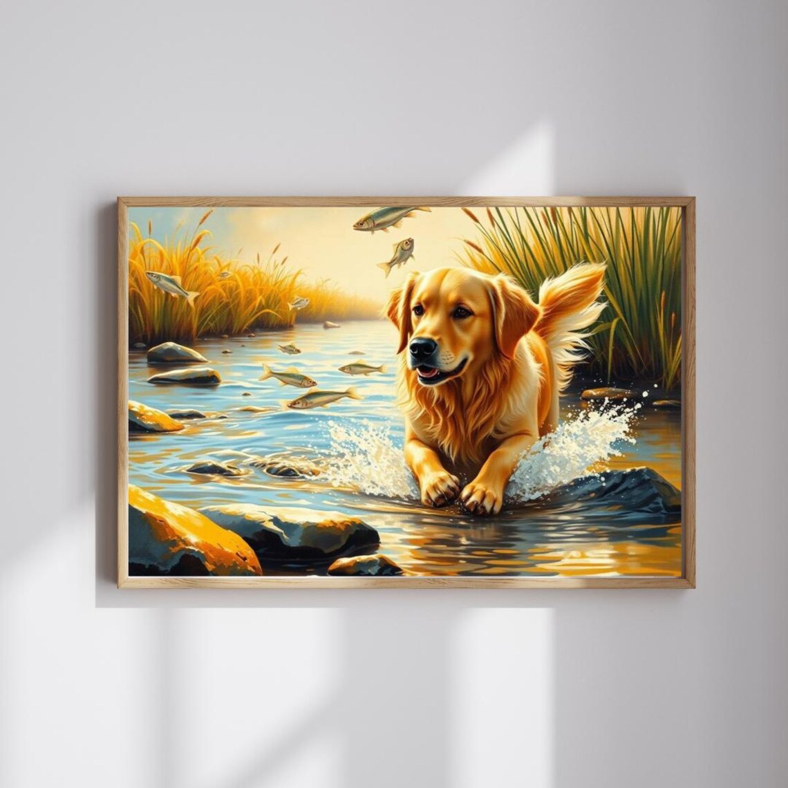 Golden Retriever Splashing In Stream Fish Jumping Happy Dog Poster