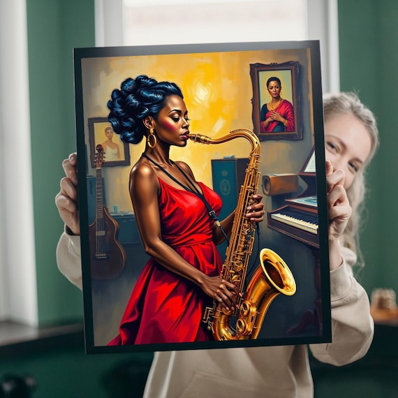 Elegant Jazz Woman Playing Saxophone in Red Dress Painting Poster