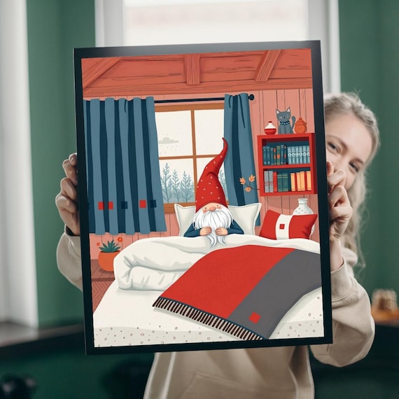 Scandinavian Folk Gnome Sleeping In Cozy Red Bedroom With Cat Poster