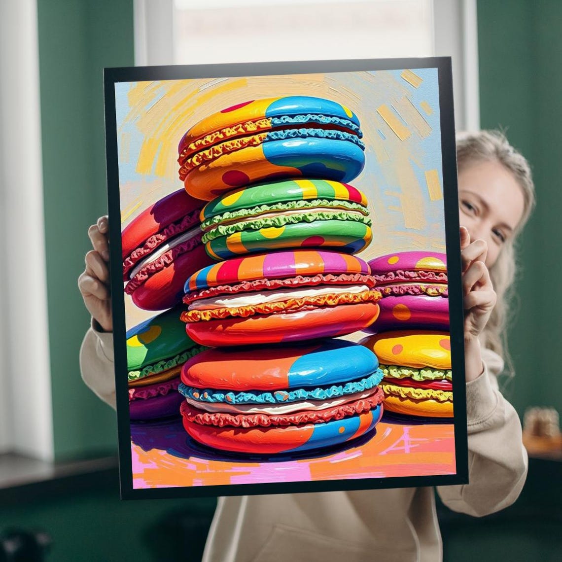 Bold Vibrant Pop Art Rainbow Macaron Stack Sweet Dessert Poster