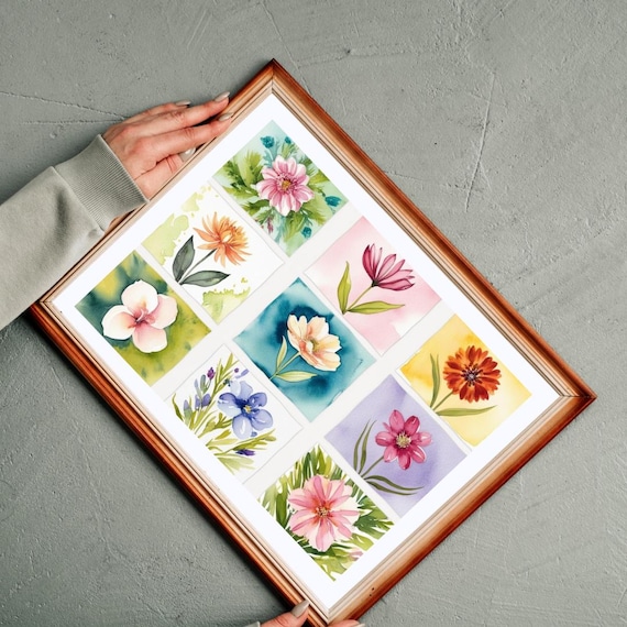 Watercolor Floral Collage Nine Flower Panel Botanical Art Poster