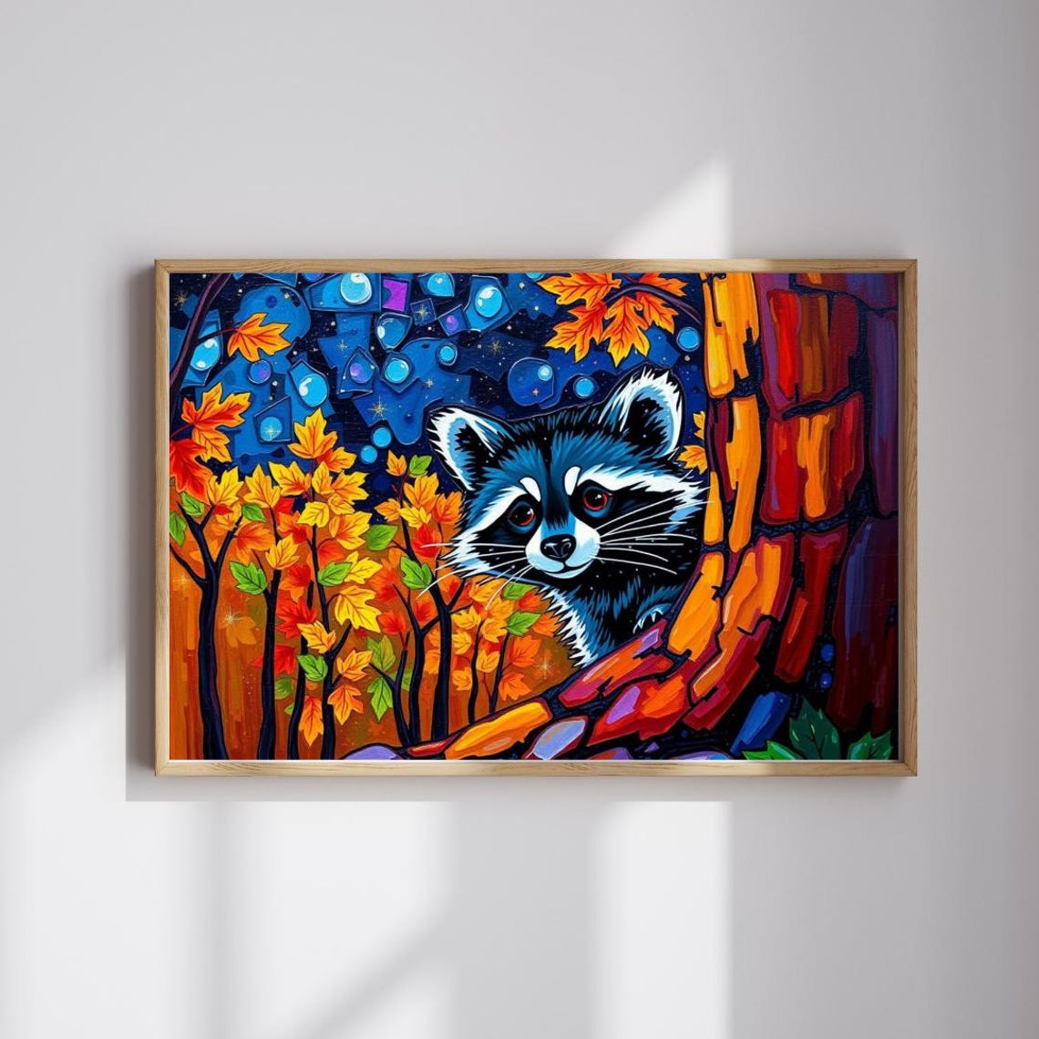 Raccoon Autumn Night Forest Crystal Stained Glass Art Poster
