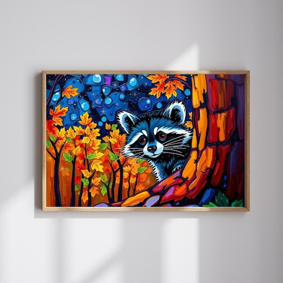 Autumn Raccoon Jigsaw Puzzle Colorful Nightscape Art Family Fun