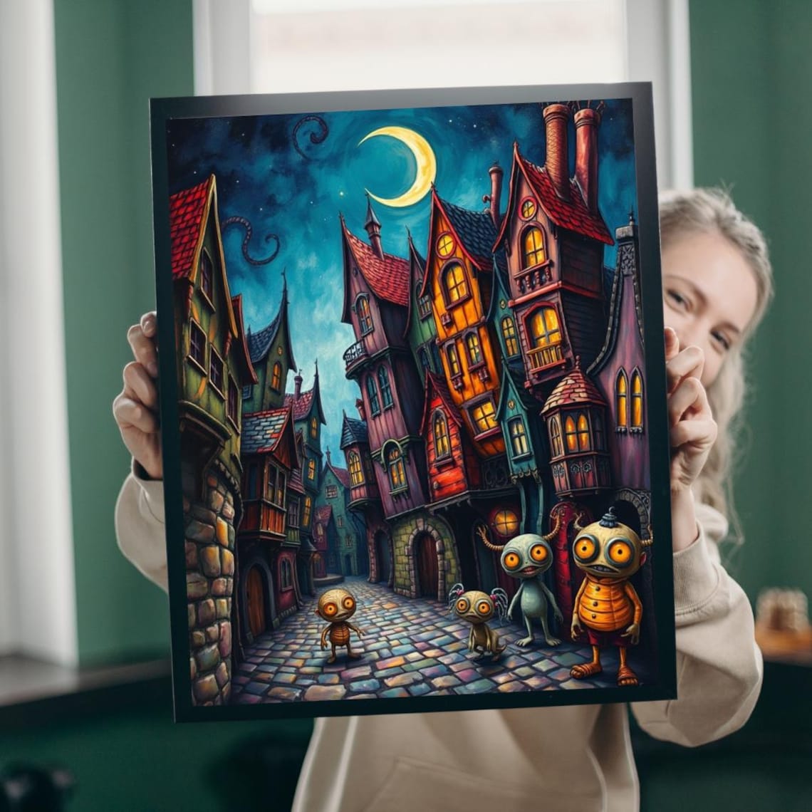 Whimsical Spooky Village Night Moon Halloween Fantasy Art Poster