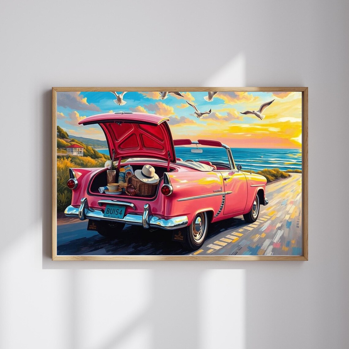 Pink Vintage Convertible Picnic Sunset Coastal Drive Ocean Poster