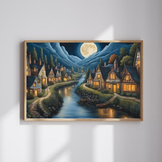 Nordic Village Jigsaw Puzzle Moonlit River Landscape