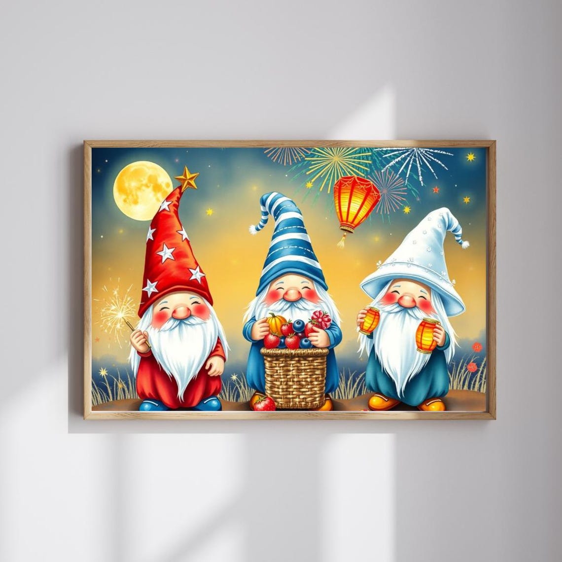 Three Gnomes Fireworks Lantern Moonlit Celebration Folk Poster