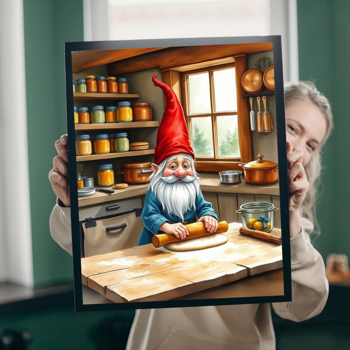 Baking Gnome Rolling Dough Cozy Cottage Kitchen Storybook Wall Art