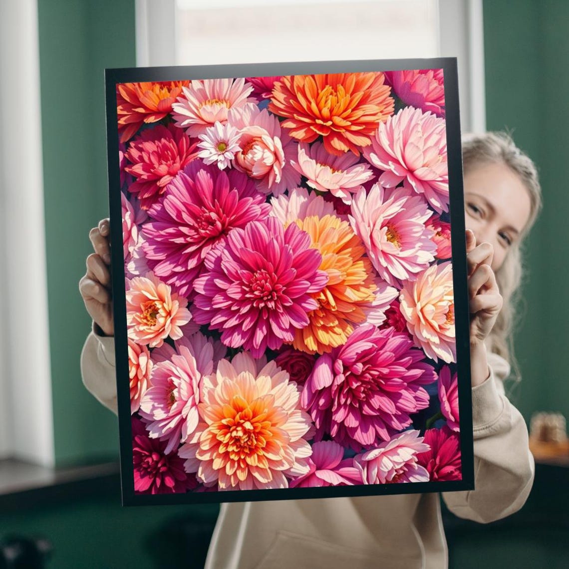 Vibrant Dahlia Flower Collage Pink Orange Spring Bloom Print