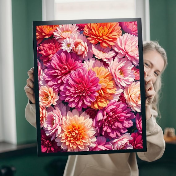 Vibrant Dahlia Flower Collage Pink Orange Spring Bloom Print
