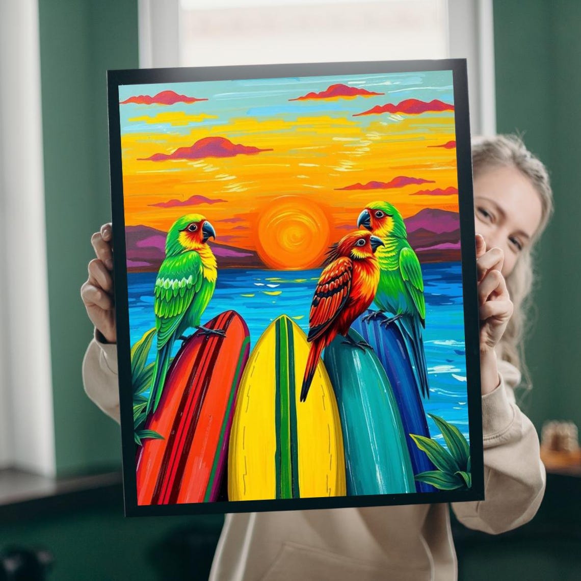 Colorful Surfing Parrots Puzzle Tropical Art Family Fun