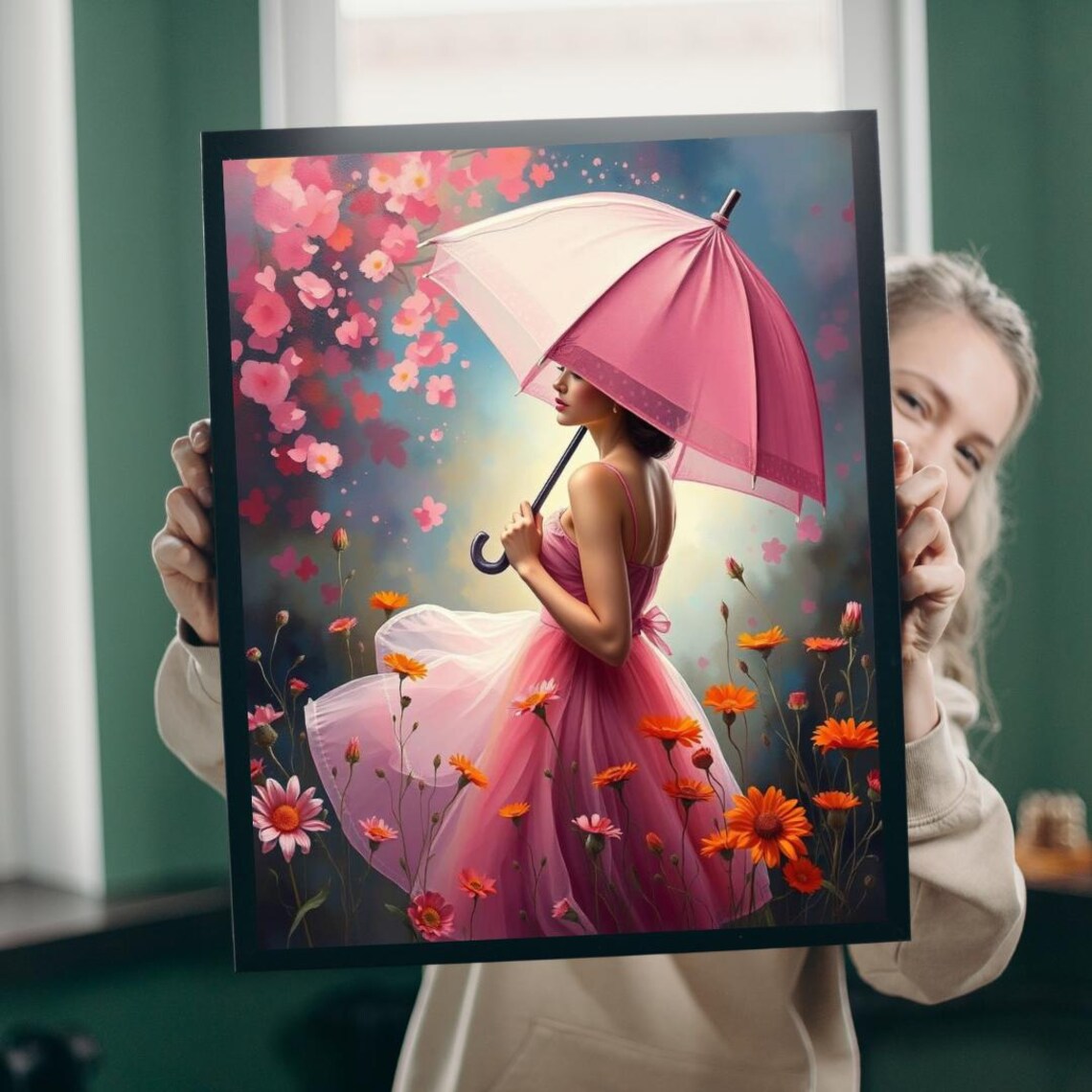 Woman with Pink Umbrella Wildflower Field Dreamy Floral Art Poster