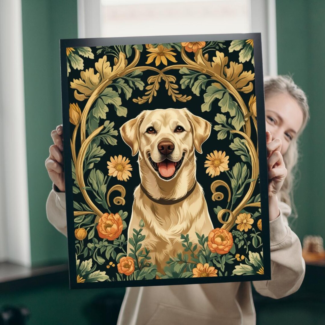 Labrador Retriever Floral Golden Frame Vintage Botanical Dog Art Poster