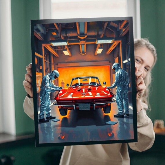 Red Corvette Classic Garage Scene Vintage Sports Car Art Poster