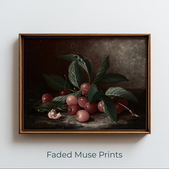 Realistic Cherry Still Life Painting Vintage Rustic Kitchen Print