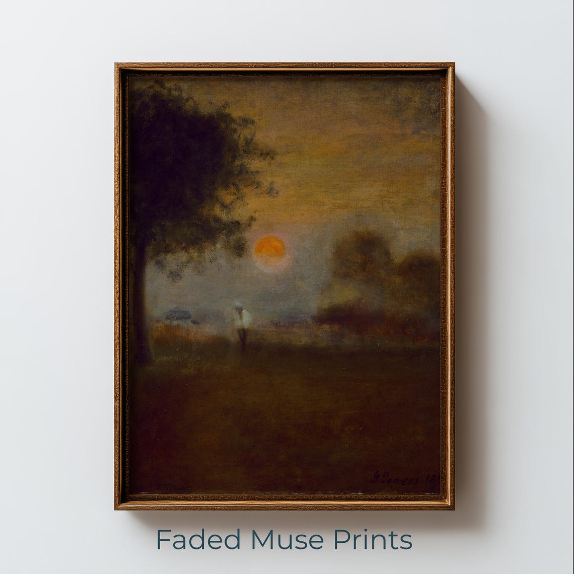 Moonrise Over Misty Pastoral Landscape Large Tree Tonal Poster