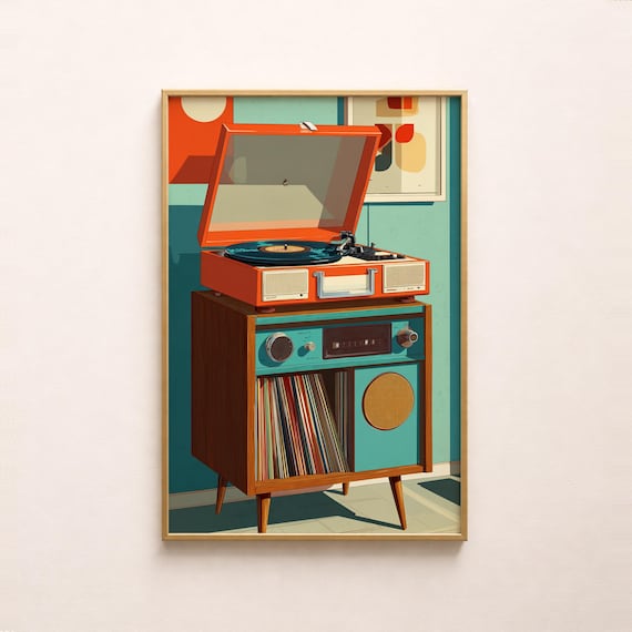 Retro Record Player Art Print, Mid-Century Modern